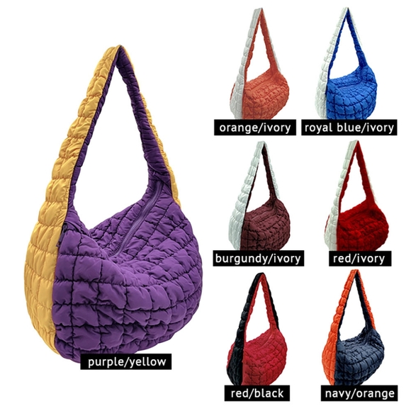 Purple Yellow Cloud Puffer Hobo Bag Purse Quilted Shoulder Womens Crossbody